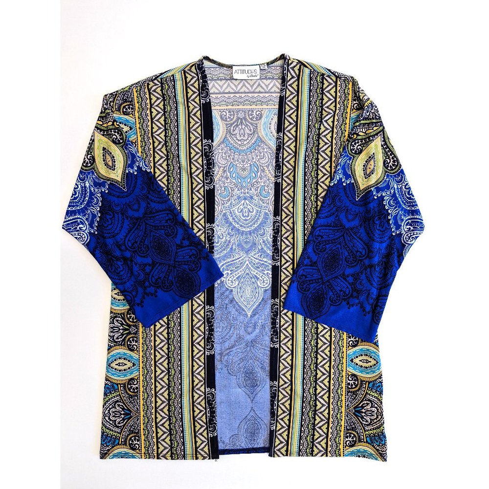 Attitudes by Renee Blue Yellow Paisley Lightweight Open Cardigan Sz Extra Small